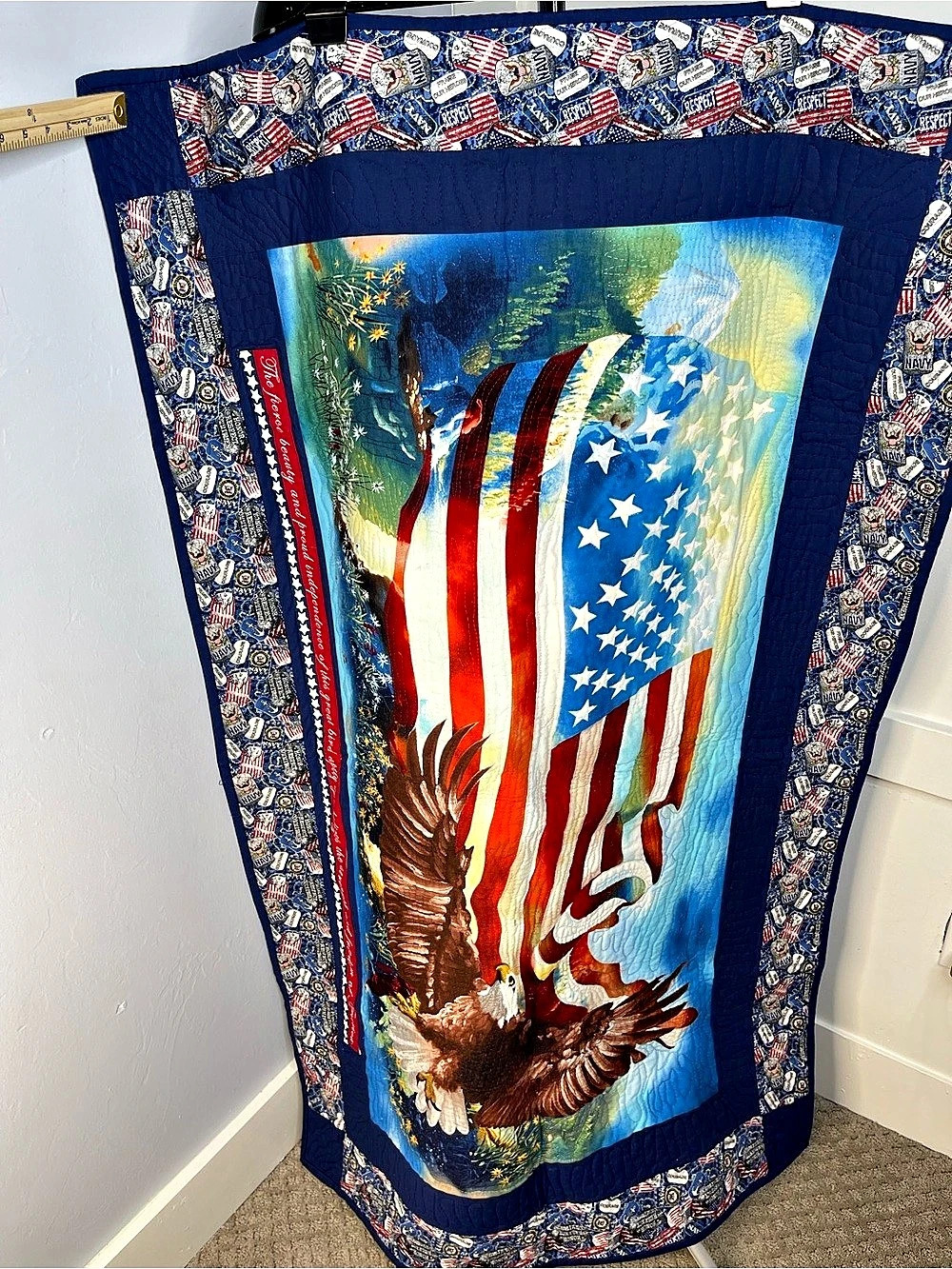 Handmade Navy Patriotic Eagle Quilted Quilt in Blue & Red. Hanging quilt